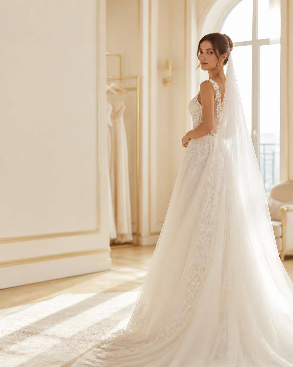 Illustration of a bride in an ivory lace gown, used to show bridal style